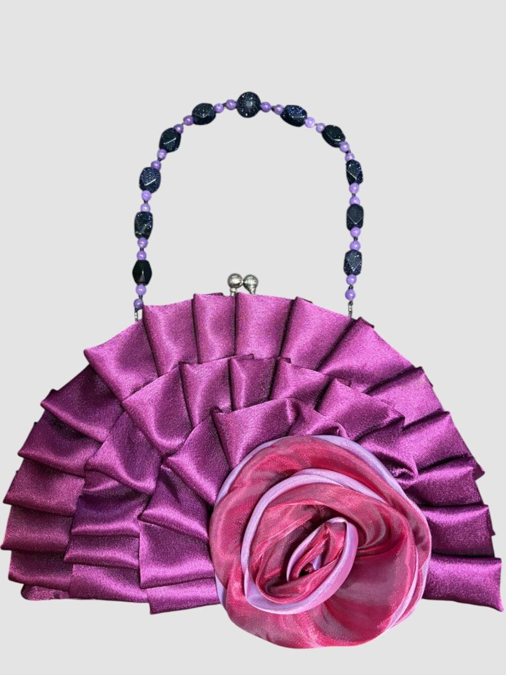 PURPLE SATIN EVENING BAG WITH FLOWER APPLIQUE AND BEADED HANDLE